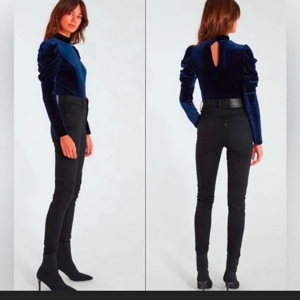 MISA Los Angeles Blue Velvet Bodysuit NWT MSRP $370 Long Sleeve Mock neck